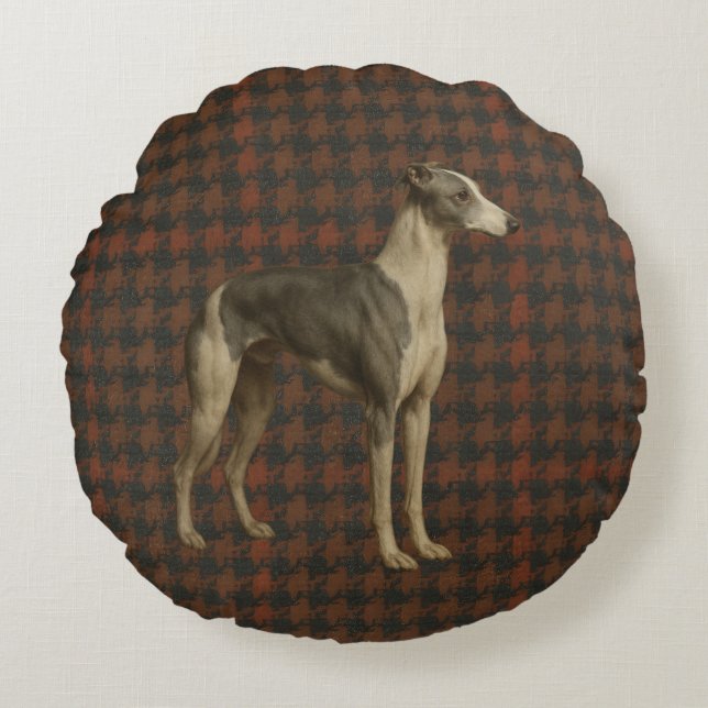 Whippet round cushion. Whippet on tweed/tartan Round Pillow (Front)
