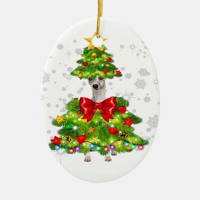 Whippet Santa Christmas Tree Lights | Xmas Dogmas Ceramic Ornament (Front)