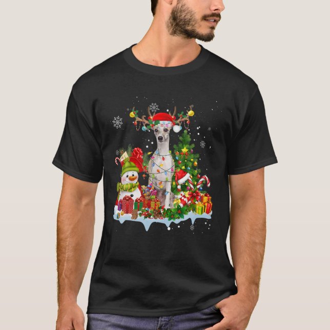 Whippet Santa Hat Reindeer Christmas Lights Pajama T-Shirt (Front)