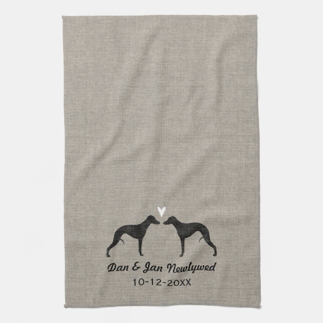 Whippet Silhouettes with Heart and Text Kitchen Towel (Vertical)