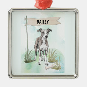 Whippet Watercolor Personalized Dog Metal Ornament
