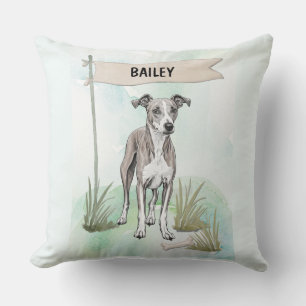 Whippet Watercolor Personalized Dog Throw Pillow