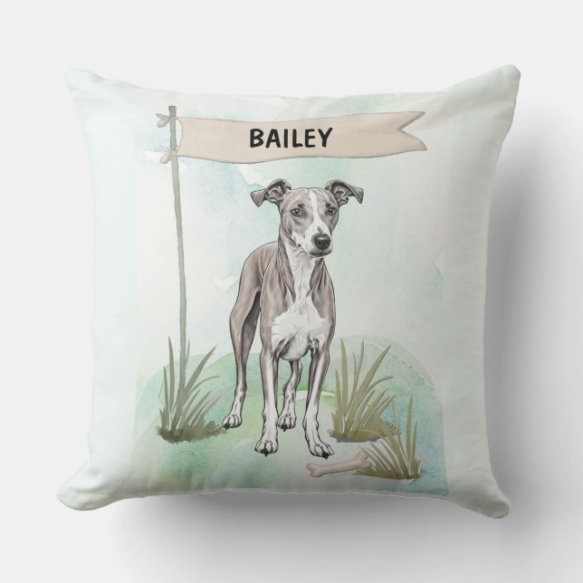 Whippet Watercolor Personalized Dog Throw Pillow (Front)