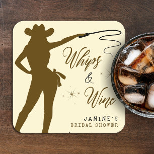 Whips & Wine Cowgirl Bridal Shower Square Paper Coaster