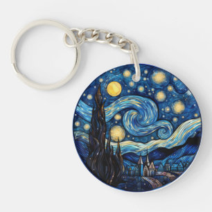 Whirling Starry Night-Inspired Art Print Keychain