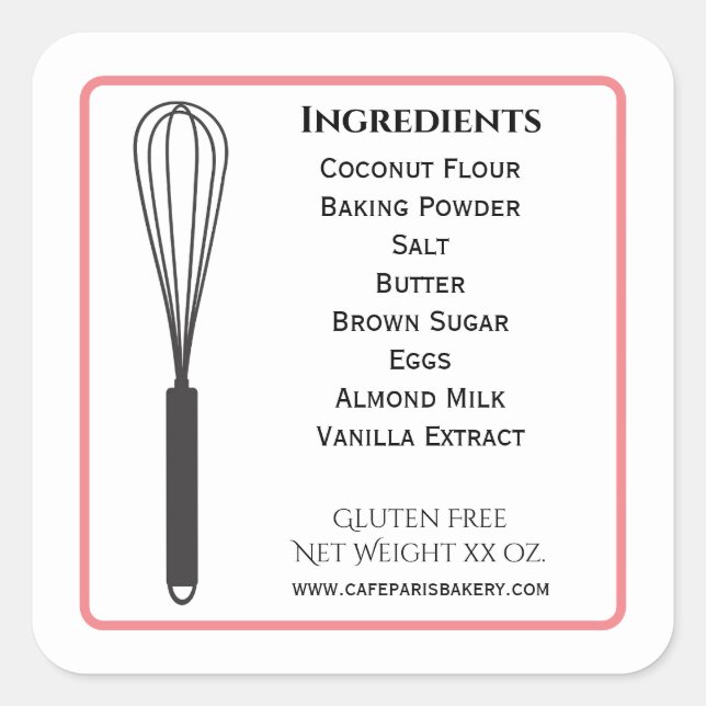Whisk Bakery Étiquette de produits Ingrédients (Devant)