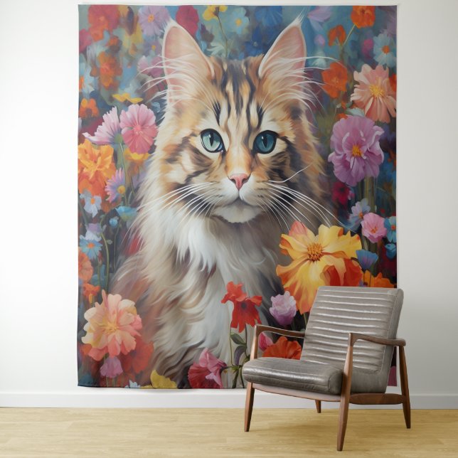 Whiskered Harmony: Cat Blossom Floral Tapestry (In Situ)