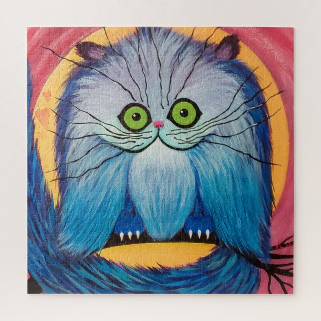 Whiskered Wonder – Bright Blue Fantasy Cat Jigsaw Puzzle (Vertical)