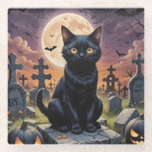 Whiskers of the Witching Hour - Black Cat Glass Coaster