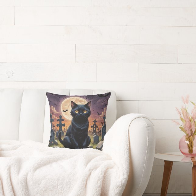 Whiskers of the Witching Hour - Black Cat Throw Pillow (Couch)