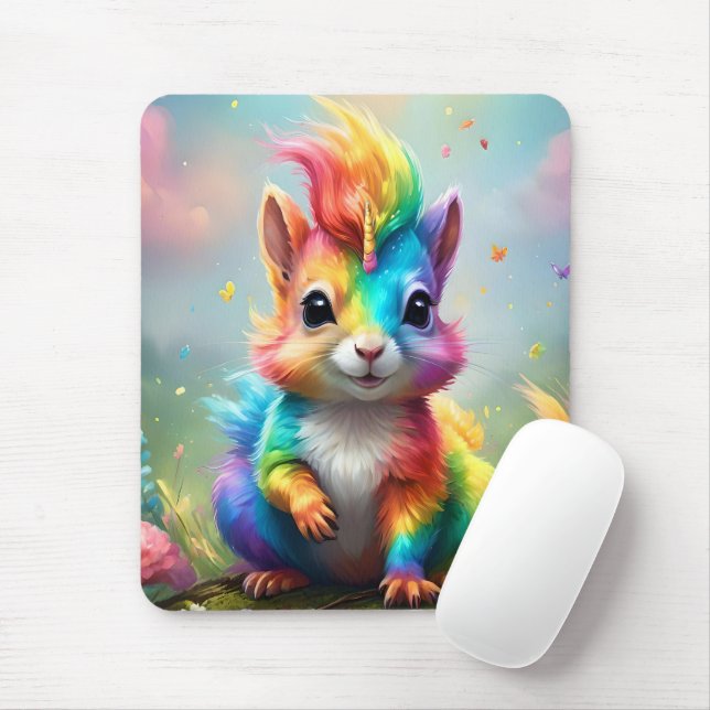 Whiskers of Wonder: The Rainbow Unicorn Squirrel  Mouse Pad (With Mouse)