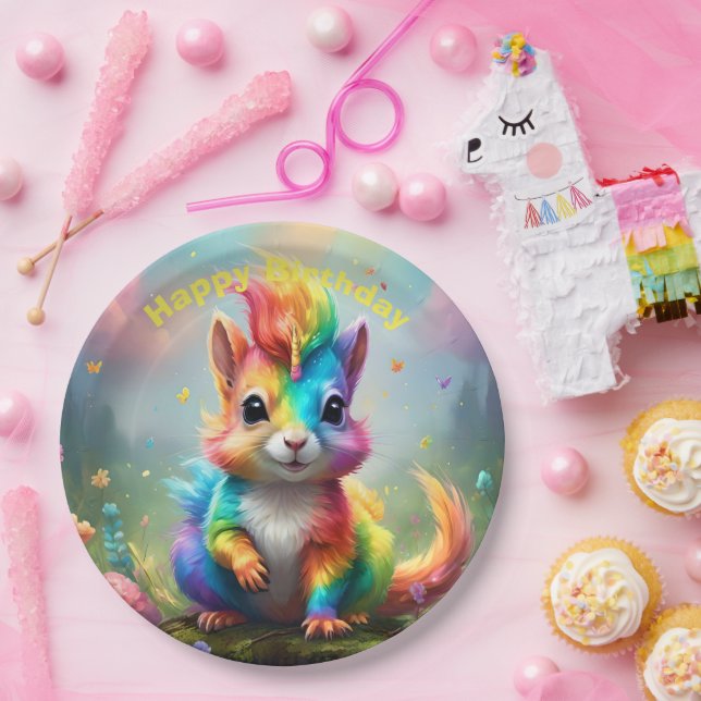 Whiskers of Wonder: The Rainbow Unicorn Squirrel  Paper Plate (Party)
