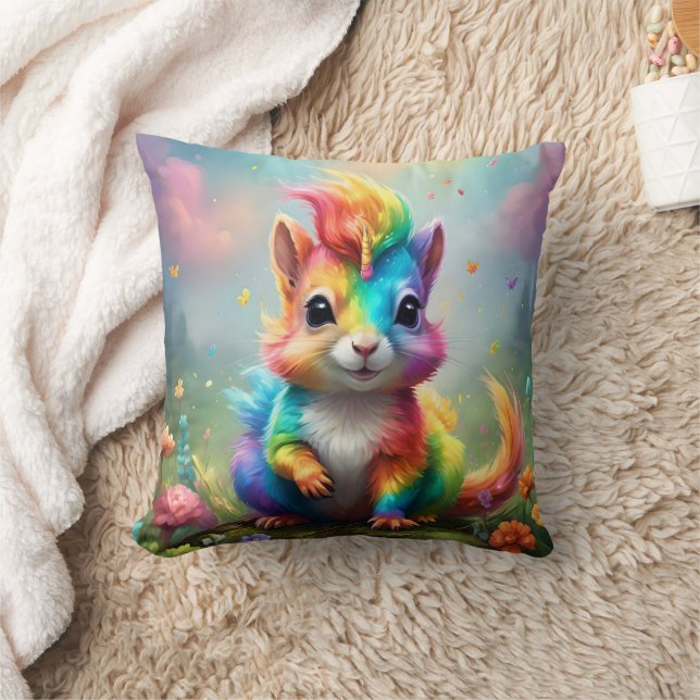Whiskers of Wonder: The Rainbow Unicorn Squirrel  Throw Pillow (Blanket)