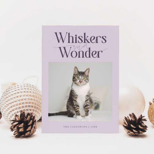 Whiskers & Wonder Cat Photo Purple Christmas Holiday Card (Creator Uploaded)