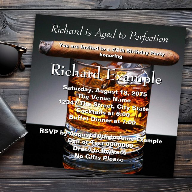 Whiskey and Cigar Birthday Party Invitation (Whiskey and cigar birthday party invitation and any occasion or event. All text can be changed.)