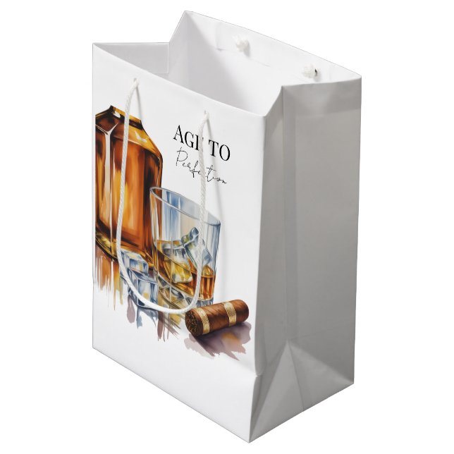 Whiskey and Cigar Men’s Birthday Party Medium Gift Bag (Front Angled)
