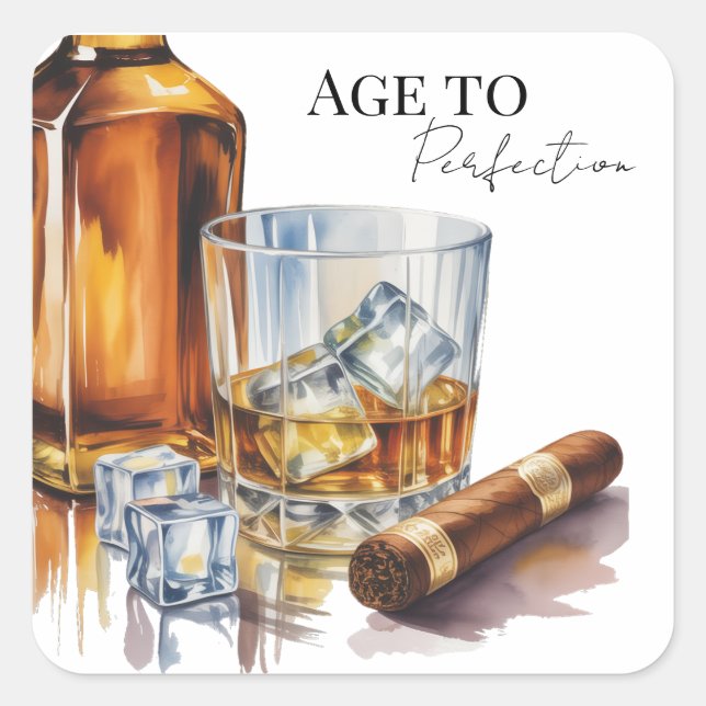 Whiskey And Cigar Men’s Birthday Party Square Sticker (Front)
