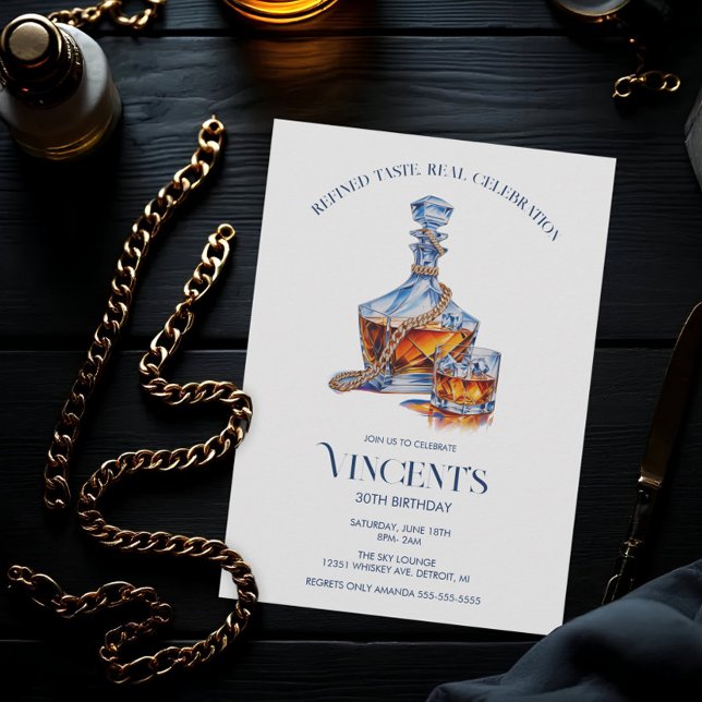 Whiskey and Gold Cuban Links Mens Birthday Invitation (Men's Whiskey and Gold Cuabn Link Invitation)