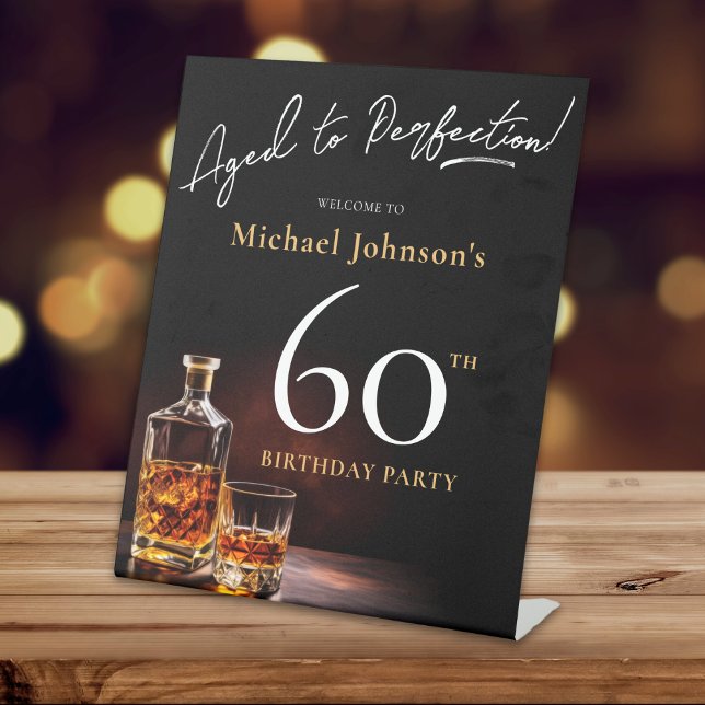 Whiskey Black Gold 60th Birthday Party Welcome Pedestal Sign (mockup view)