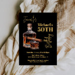 Whiskey Bourbon and Cigar Birthday Invitation<br><div class="desc">Watercolor bouron or whiskey Cigar Birthday Party. Features a bottle of bourbon or whiskey, a glass on the rocks and a cigar on a black background with gold coloured fonts. Great for a manly men's milestone birthday. To make more changes go to Personalize this template. On the bottom you’ll see...</div>