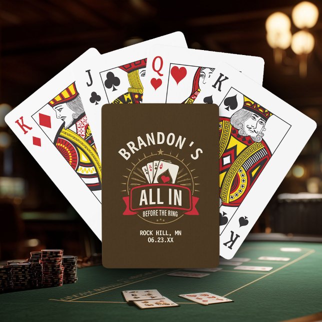 Whiskey Brown Bachelor Party Custom Poker Playing Cards (bachelor party playing card box with  "All In Before the Ring" poker design, custom groom's name)