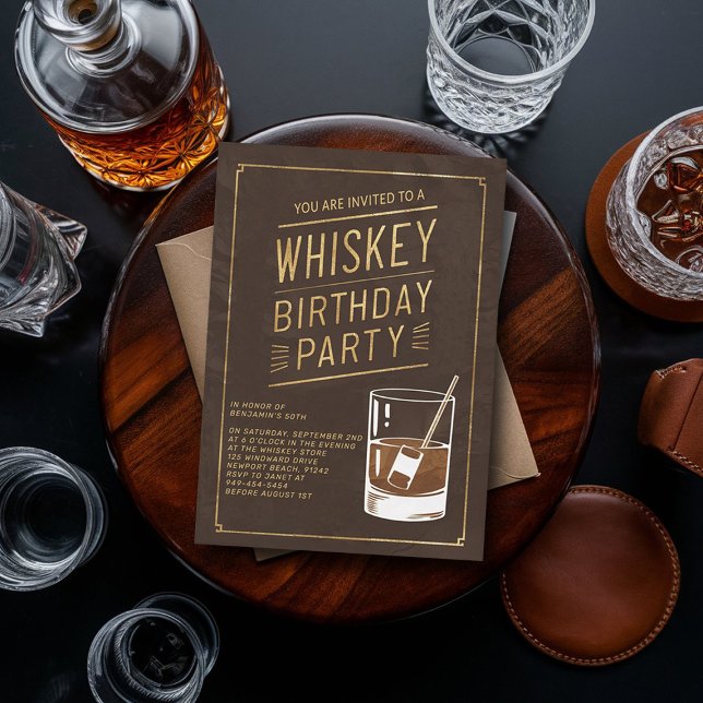 Whiskey Faux Gold Leather Elegant 50th Birthday Invitation (whiskey 50th birthday party invitation men husband partner elegant tasting modern classy)