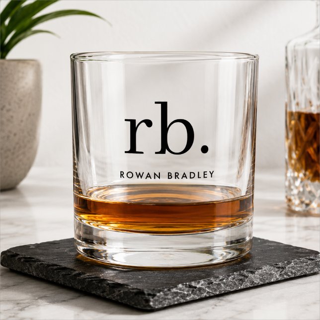Whiskey Glass | Custom Monogram Rocks Glass Gift (Personalized monogram whiskey glass with initials and name for a clean custom bar cart gift)