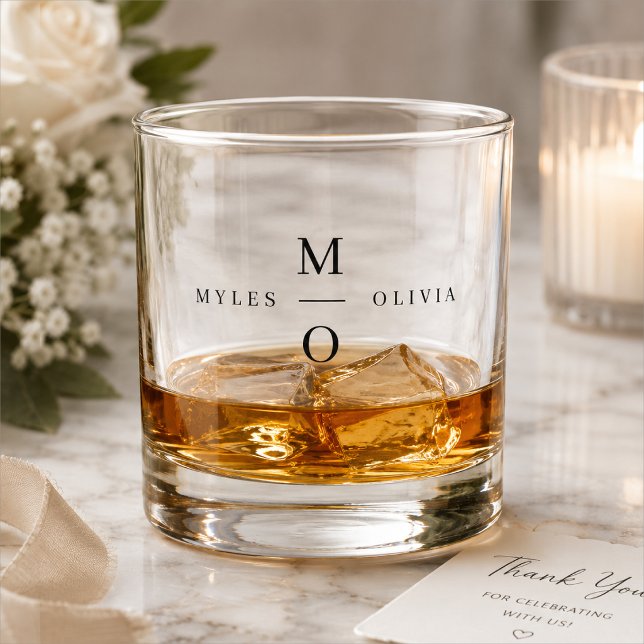 Whiskey Glass | Personalized Wedding Monogram Gift (Personalized wedding whiskey glass with couple initials, names, and elegant barware style)