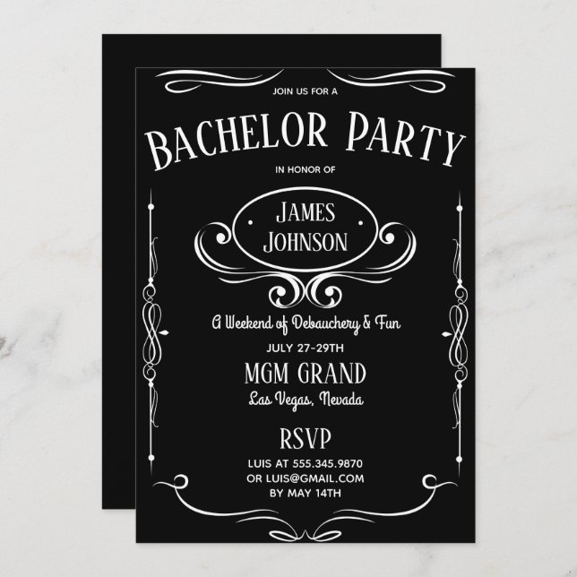 Whiskey Label Bachelor (ette) Party Invitation (Front/Back)