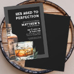 Whiskey Men's Birthday Party Invitation<br><div class="desc">Elegant Whiskey-Themed Men's Birthday Invitation. Celebrate fifty years with this classic, masculine invitation featuring a large watercolor whiskey bottle and glass on the right side for a modern twist. “He’s Aged to Perfection” appears at the top in elegant white serif fonts on a black background with a dark grey frame,...</div>