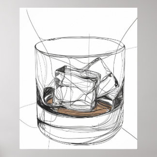 Whiskey rocks glass minimalist line art poster