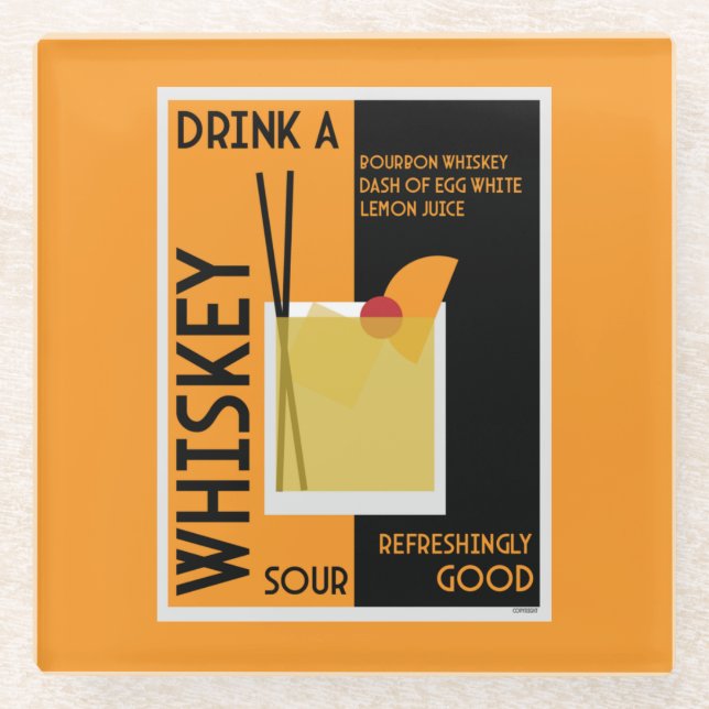 Whiskey Sour Cocktail   Napkin Glass Coaster (Front)
