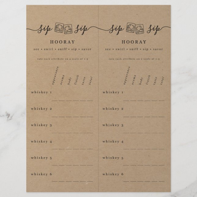 Whiskey Tasting Rating Scorecard on Faux Kraft Letterhead (Front)