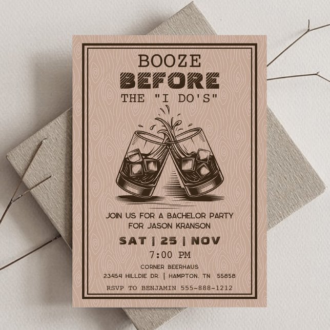 Whisky Bachelor Party Invitation (Booze Before I Do's Brown Wood Modern Bachelor Invitation.)