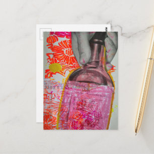 Whisky Bottle Floral Pink Orange Collage Postcard