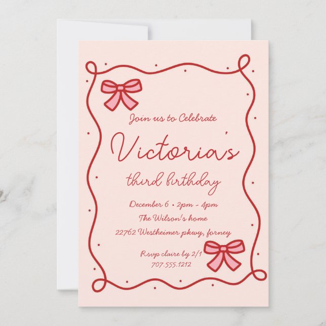 Whismical Hand Drawn Bow Girl Birthday  Invitation (Front)