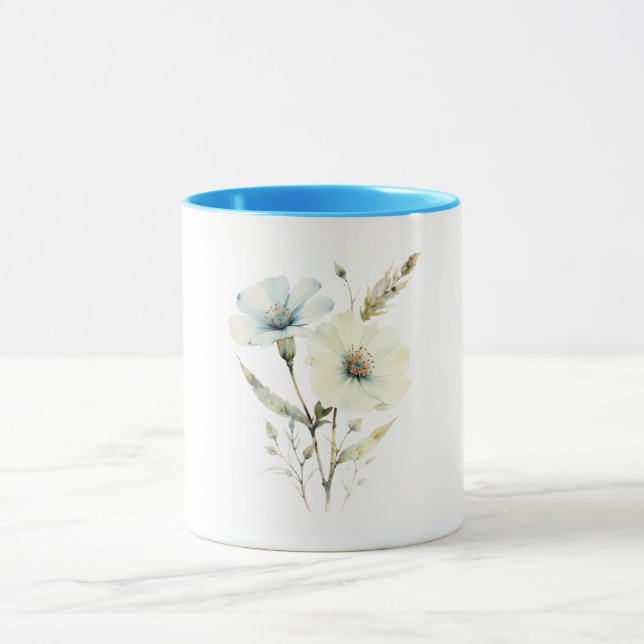 Whispering Petals: Soft Blue & Cream Bloom Mug (Center)