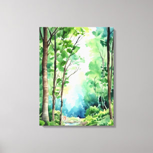 Whispering Woods: A Watercolor Stream Scene Canvas Print