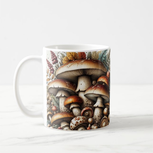 Whispering Woods: Seamless Mushroom Pattern Collec Coffee Mug (Left)