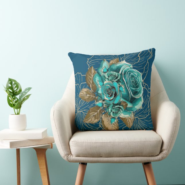 Whispers of Elegance: Teal and Gold Throw Pillow (Chair)