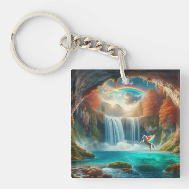 Whispers of Fantasy: Unicorn's Cascade in Autumn Keychain (Front)