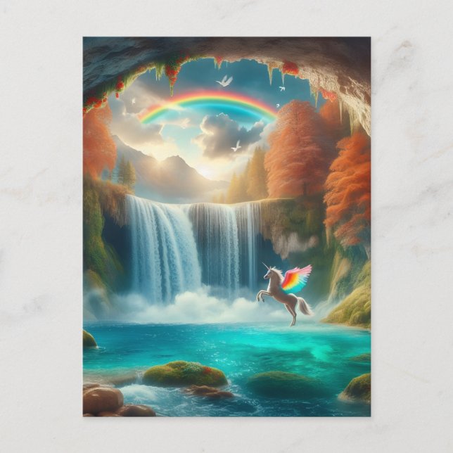 Whispers of Fantasy: Unicorn's Cascade in Autumn Postcard (Front)