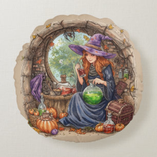 Whispers of Magic, Beautiful Witch and Her Potion Round Pillow