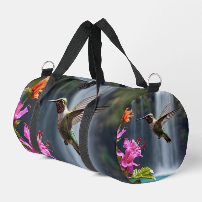 "Whispers of Nature: Hummingbird, Waterfall,  Duffle Bag (Left Corner)