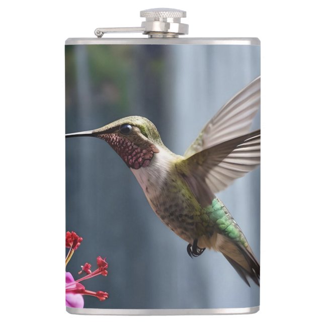 "Whispers of Nature: Hummingbird, Waterfall Hip Flask (Front)