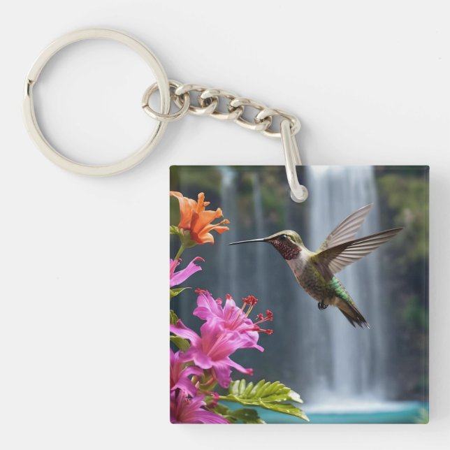 "Whispers of Nature: Hummingbird, Waterfall,  Keychain (Front)