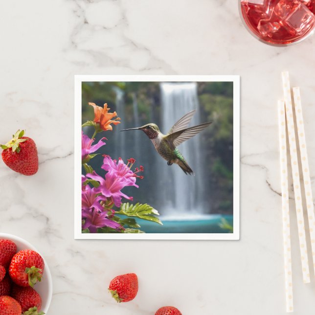 "Whispers of Nature: Hummingbird, Waterfall Napkin (Insitu)