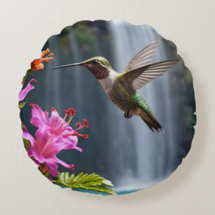 "Whispers of Nature: Hummingbird, Waterfall Round Pillow