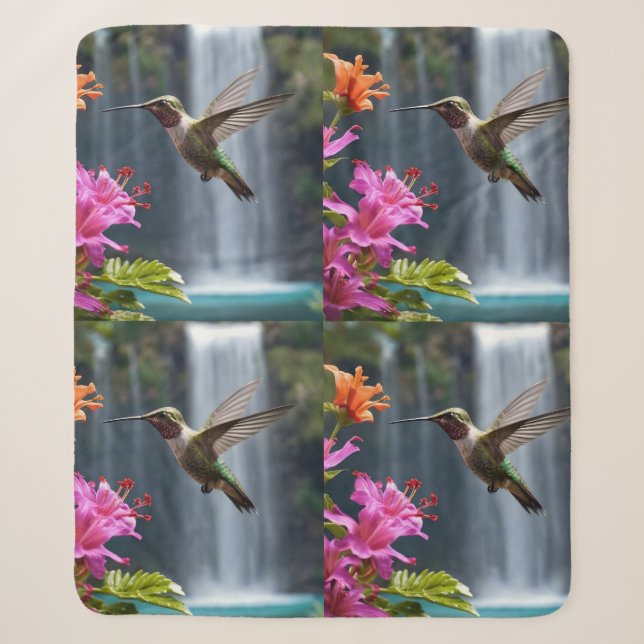 "Whispers of Nature: Hummingbird, Waterfall Sherpa Blanket (Front)