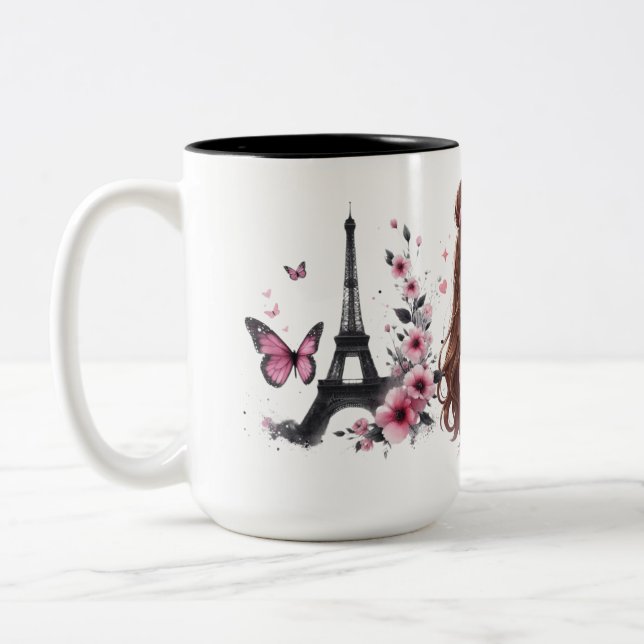 Whispers of Paris Petals Over the Eiffel A Butterf Two-Tone Coffee Mug (Left)